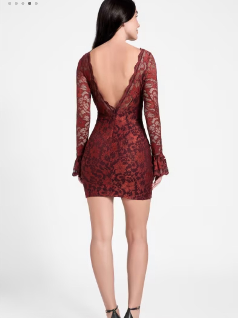 Women's Burgundy Lace Long-Sleeve V-Back Mini Dress